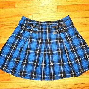 Blue Plaid Pleated Skirt w/ Buckles L Hot Topic